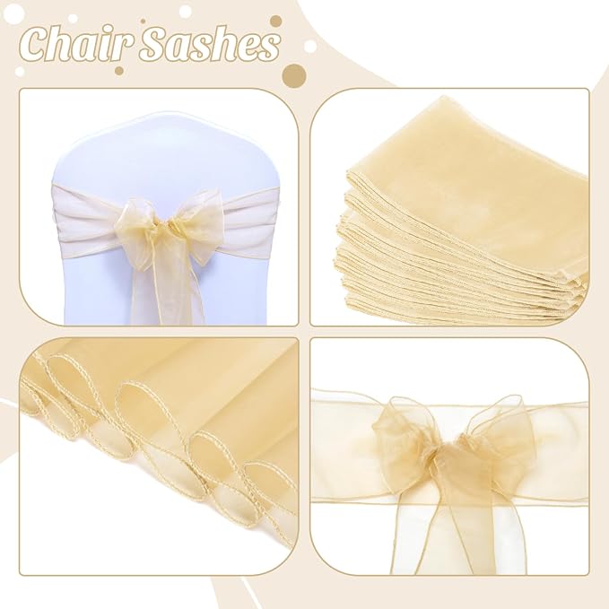 MDS® Pack of 125 Organza Chair Sashes for Wedding Decoration, Reusable Sheer Chair Bows for Banquet Chair Cover, Reception, Bridal Shower, Baby Shower, Birthday Party & Special Events - Beige