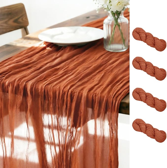 LINXTAR Terracotta Cheesecloth Table Runner 4 Pack 120 Inches 10Ft Gauze Summer Boho Table Runner for Wedding Tea Party Baby Shower Bridal Birthday Home Decoration