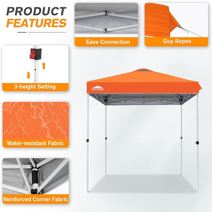 EAGLE PEAK Pop Up Canopy Tent with Wheeled Carry Bag, 8 Stakes, 4 Ropes, Easy Set Up Tent Canopy, 6.6x6.6 ft, Orange
