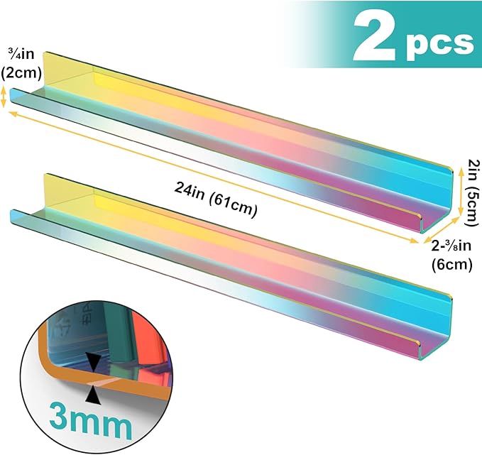 NiHome Set of 2 Magnetic Acrylic Floating Book Shelves, 24 Inches Long for Whiteboard, Classroom and Fridge Storage, Holds Up to 8.5 lbs, Sleek Design Organizer for Large Picture Adhesive (Iridescent)