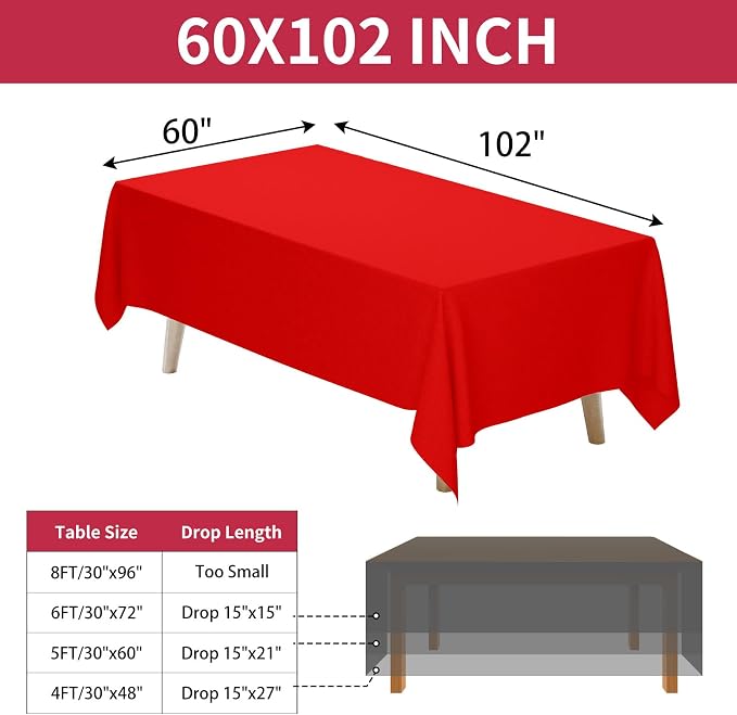 Fixwal 3 Pack Red 60 x 102 Inch Rectangle Tablecloths, Reusable Heavy Duty Washable Polyester Table Covers for 6 Ft Tables, Party, Birthday, Christmas, Anniversary, Outdoor, Camping
