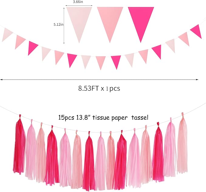 Galentines Valentines-Day Hot-Pink Party-Decorations - 23pcs Girl Birthday Baby Shower Tissue Pom Poms Streamers, Bachelorette Bridal Wedding Engagement Supplies Tassel Garland Banner Decor Ouruola