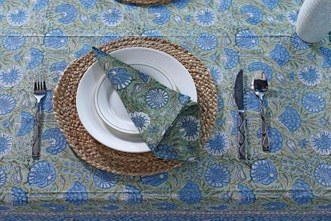 Ridhi Asparagus Green Gadd Hand Block Print Cotton Rectangle Tablecloth 118" x 70" inches Reusable Table Cover Decorative Everyday Use for Dining Room, Farmhouse, Home Gift for Spring, Mother's Day