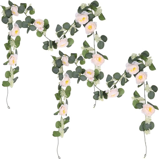 2 Pcs Artificial Eucalyptus Flower Garland, 6.6Ft Fake Rose Flower Greenery Garland, Hanging Eucalyptus Vines for Home Party Decor Wedding Backdrop, Easy to Care