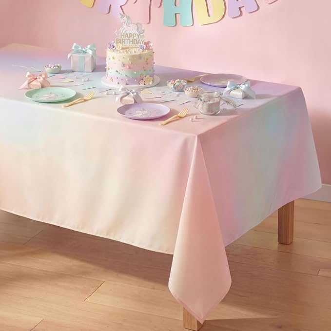 xo, Fetti Pastel Gradient Washable Tablecloth - 9 ft. | Birthday Party Decorations, Bachelorette Party Supplies, Rainbow Baby Shower, Pastel Preppy, Tableware
