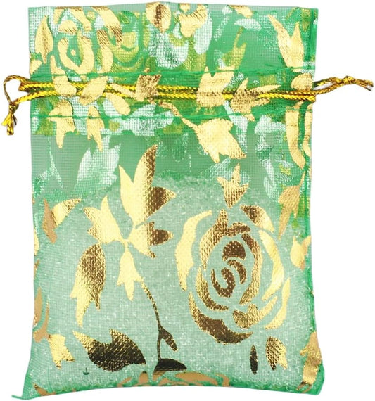 QIANHAILIZZ 100 Pack 2.8 x 3.5 Inch Flower Heart Organza Jewelry Gift Pouch Candy Pouch Drawstring Wedding Favor Bags B511S (green gold flower)