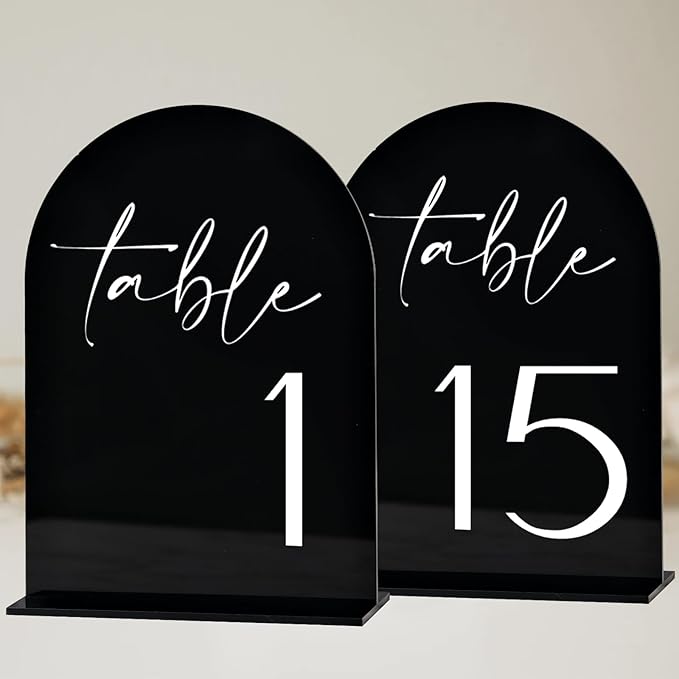 Black Arch Acrylic Table Numbers with Stands 1-15, 5x7" Black Arched Acrylic Sign and Base, Arch Table Numbers for Wedding Reception