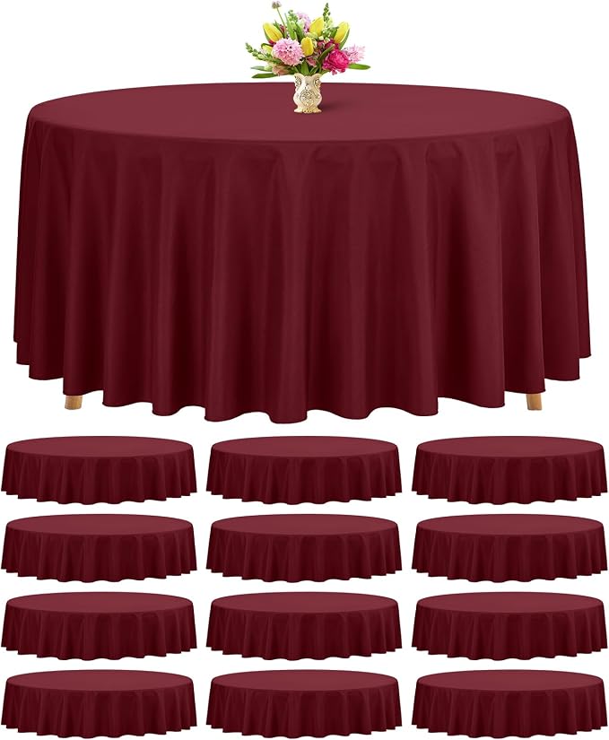 Teruntrue 12 Packs Burgundy Round Tablecloths 90 inch Round Table Cloth, Washable Polyester Fabric for Wedding Parties Banquet Holiday Dinner Table Decorative, Burgundy