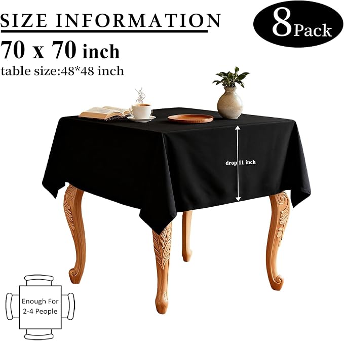 8 Packs Black Tablecloths 70x70 Inch for Square Tables, Wrinkle Resistant Polyester Fabric Tablecloth Washable Rectangular Table Covers for Dining Wedding Party Buffet
