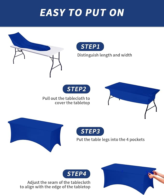 Fixwal Royal Blue Stretch Table Cloth Rectangle 2 Pack 6Ft, Spandex Fitted Table Covers Washable for Party, Trade Show, Banquet, Wedding, Buffet