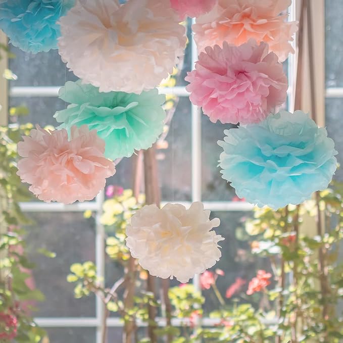 Pastel Tissue Paper Pom Poms - Hanging Paper Flowers for Rainbow Pastel Birthday Decorations, Baby Shower Decor, Easter Party Decor and Classroom Decorations by Avoseta (20pc)
