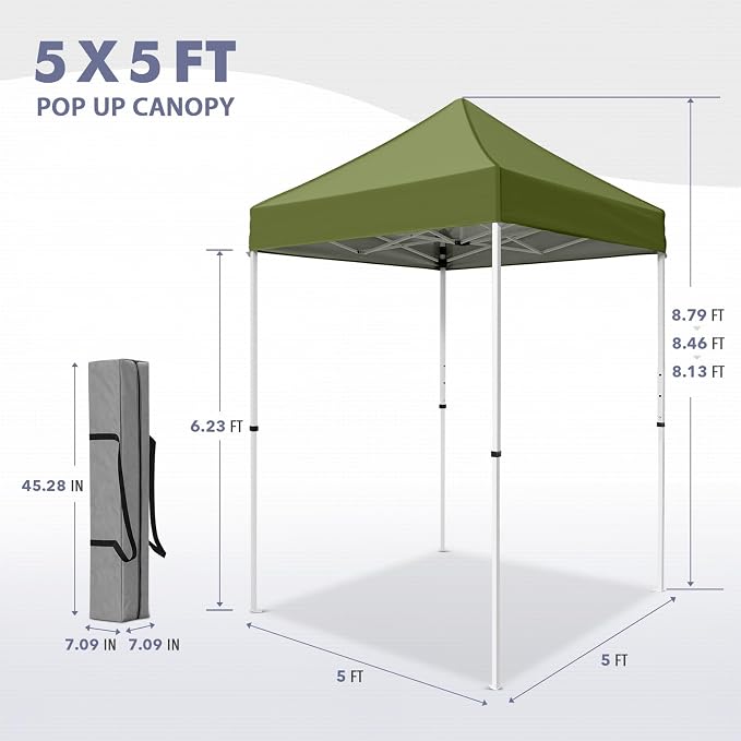 5x5 Pop Up Canopy Tent, Instant Portable Beach Canopy, Outdoor Tent with Carry Bag for Camping, Sports, Tailgating, Events, Grass Green