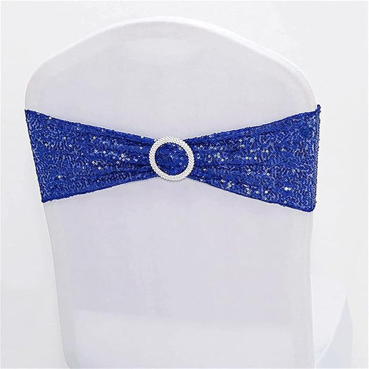 Sequin Chair Sashes Spandex, Pack of 50 Sequin Stretch with Buckle Chair Bands for Wedding Banquet Birthday Graduation Party Anniversary Prom Celebration Chair Decorations (Blue, 50pcs)