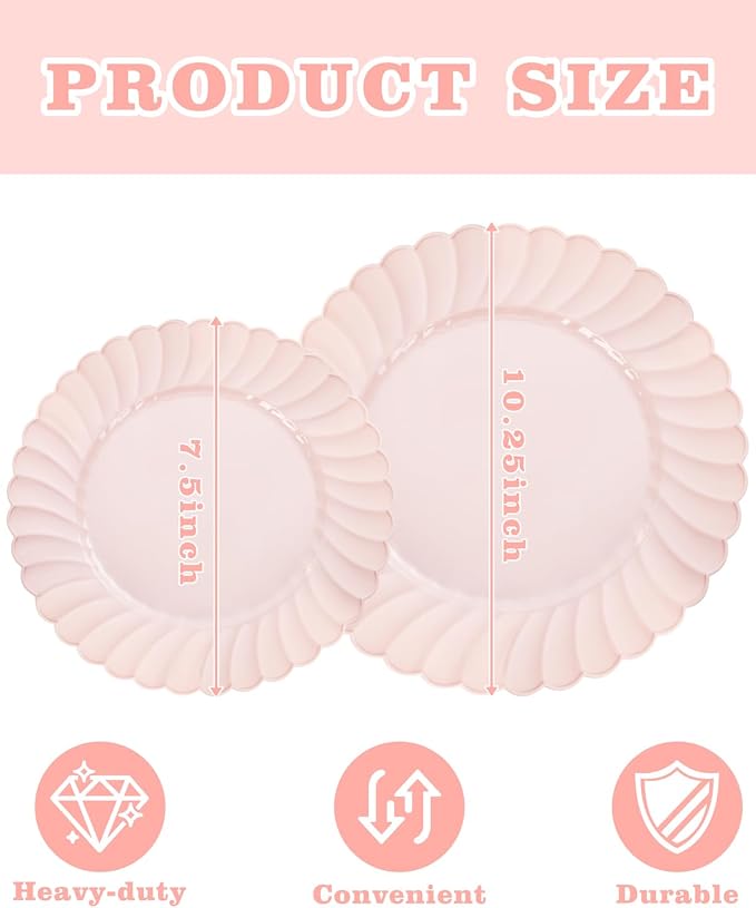 YOUBET 100PCS Pink Scalloped Plastic Plates - Heavy Duty Pink Disposable Fancy Hard Plates Include 50 Dinner Plate, 50 Dessert Plate, for Wedding & Party