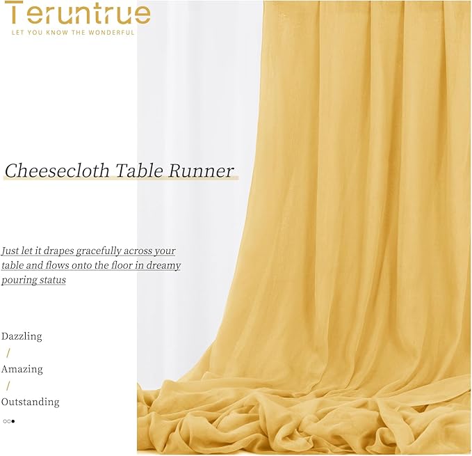 24 Packs Gold Cheesecloth Table Runner,10ft Gold Yellow Rustic Gauze Boho Wedding Table Runner Decoration, Wedding Table Decor Sheer Table Runner for Wedding Party Bridal Shower Table