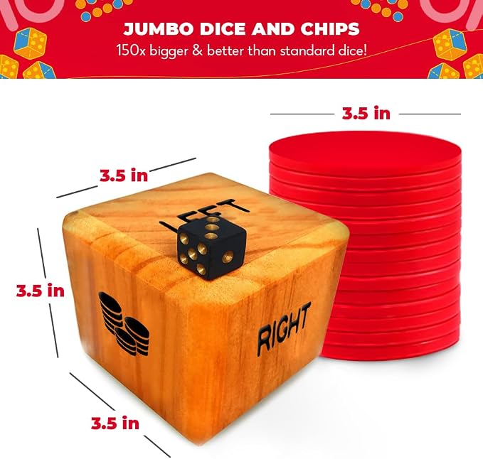 SWOOC Games® - Giant Right Center Left Dice Game (All Weather) with 24 Large Chips & Carry Bag - Jumbo Wooden Lawn Game - Big Backyard Games for Family - Indoor/Outdoor - Left Right Center Dice Set
