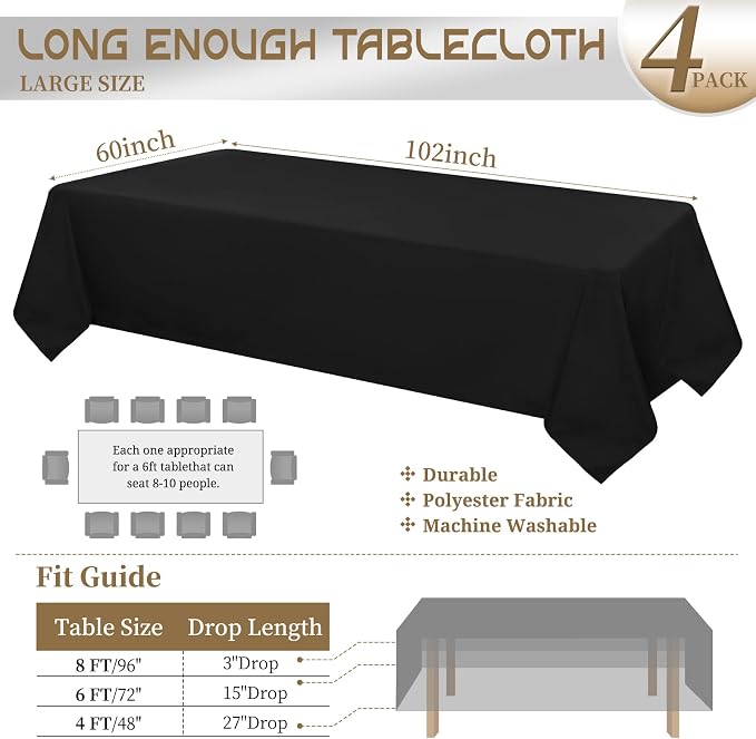 4 Pack Black Tablecloth - 60 x 102 Inch Rectangle, Wrinkle Resistant Washable Polyester Table Cover for Wedding, Dining Table, Buffet Parties and Camping