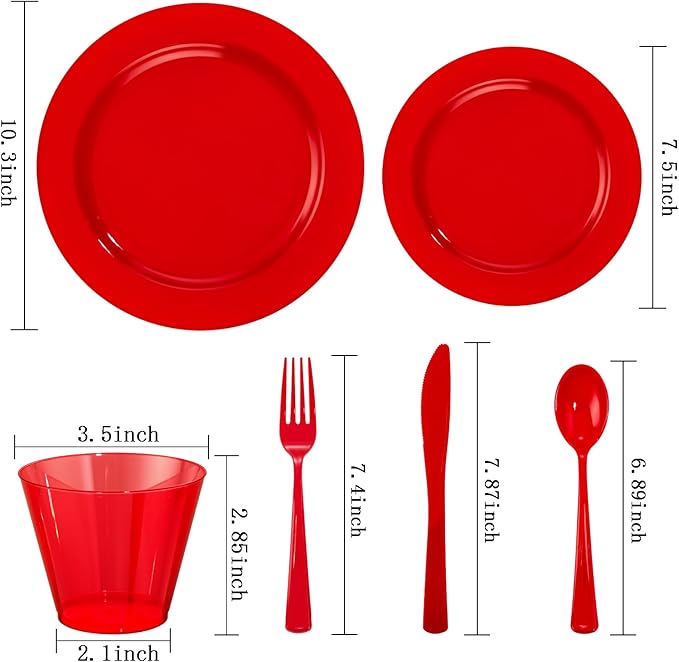 KIRE 150 Pieces Red Plastic Plates Disposable - Red Dinnerware Set Include 25Dinner Plates 25Salad Plates 25Forks 25Knives 25Spoons 25Clear Red Cups for Christmas Parties