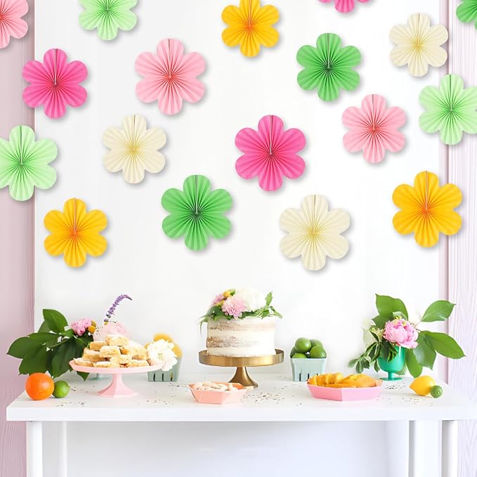 DODOKIM Paper Fans Party Decorations Paper Flowers Decorations for Wall Floral Backdrop Classroom Baby Shower Birthday Party Flower Wall Decor Pack of 18 Pink Green Yellow