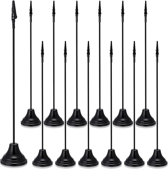 Skyygemm 12 Pcs Table Number Holders 12 Inch Place Card Holder with Alligator Clip Metal Place Card Stands Table Sign for Photos, Food Signs, Birthdays, Weddings (Black)