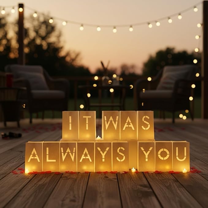 It was Always You Light Up Letters Signs, Romantic Proposal Anniversary Valentines' Day Decorations with Luminary Paper Bags, LED Tea Light Candles, Red Heart Balloons, Artificial Rose Petals