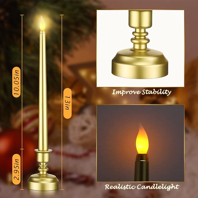 Fumete 16 Pcs Flameless Candles with Gold Base Battery Powered Taper Candles Battery Operated LED Candlesticks for Party Home Wedding Dinner Decorations