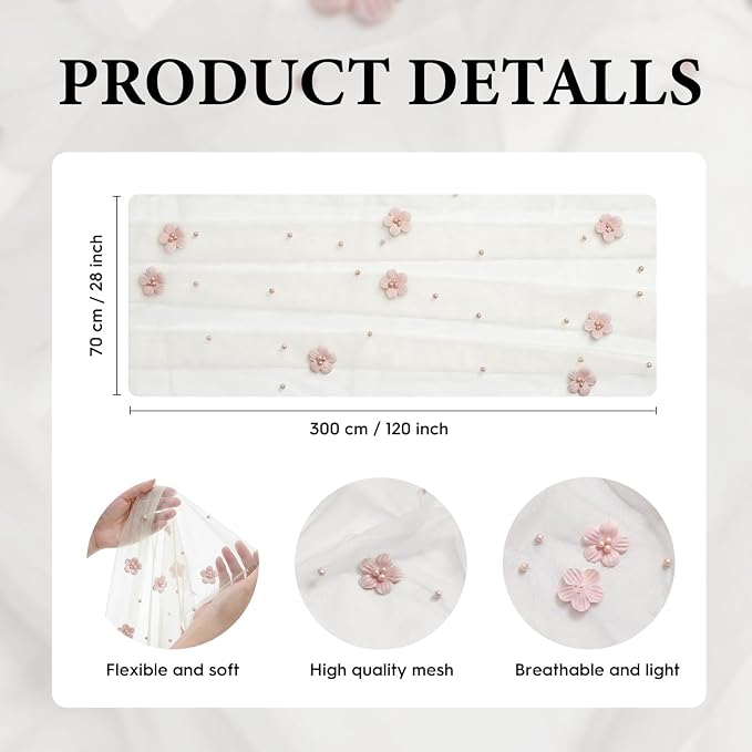 Artoid Mode Pink Flower Pearl White Gauze Table Runner 10FT 6PC, Seasonal Sheer Dining Holiday Wedding Birthday Baby Shower Table Decor for Home Party