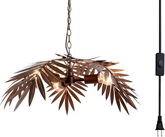 Newrays Vintage Adjustable Tropical Coconut Leaves Chandelier Rustic Tree Lamps Living Room Dining Room Bedroom Kitchen Hanging Lighting Fixture,Plug in