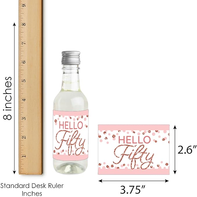 Big Dot of Happiness 50th Pink Rose Gold Birthday - Mini Wine and Champagne Bottle Label Stickers - Happy Birthday Party Favor Gift for Women and Men - Set of 16