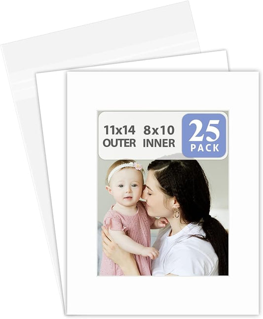 Golden State Art, Acid Free, Pack of 25 11x14 White Picture Mats Mattes with White Core Bevel Cut for 8x10 Photo + Backing + Bags