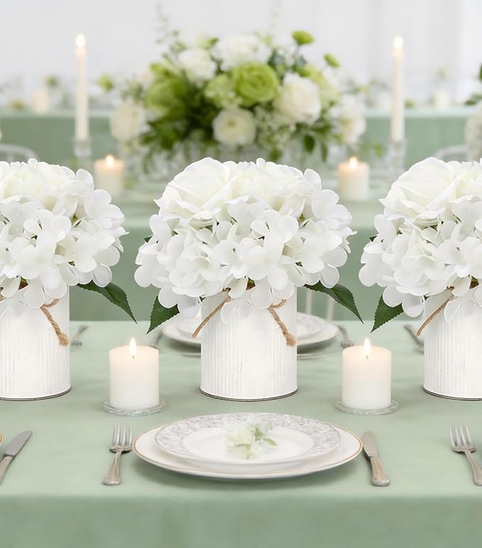 Flower Table Centerpieces - Set of 6 Floral Arrangement Artificial Wedding Hydrangeas Floral Arrangement with Rustic Metal Vase for Bridal Tea Party Event Decorations - White