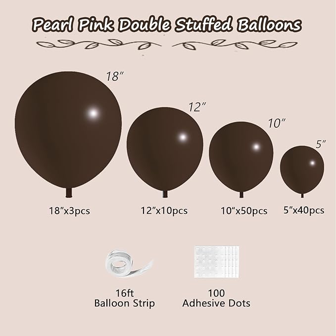 108Pcs Dark Brown Double Stuffed Balloons Different Size, 18/12/10/5 inch Matte Brown Balloons Garland Arch kit for Birthday Baby Shower Boho Neutral Luau Mocha Party Decoration