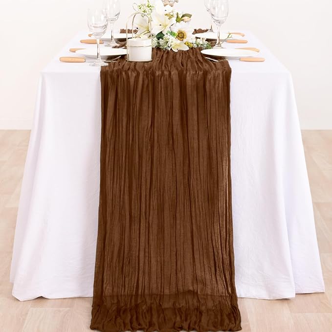 MLMC Brown Cheesecloth Table Runner 10ft Boho Rustic Gauze Coffee Cheese Cloth Table Runner Neutral Centerpiece Decor 35x120 Inches for Wedding Farmhouse Reception Home Decor
