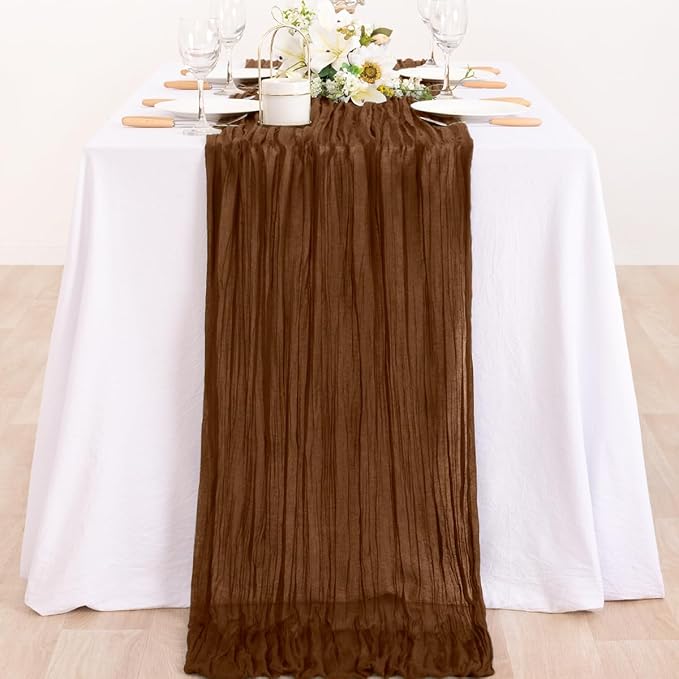 MLMC 6 Pack Brown Table Runner 10ft Boho Rustic Gauze Coffee Cheesecloth Table Runner Neutral Cheese Cloth Table Decor 65x120 Inches for Wedding Bridal Shower Reception Party Decor