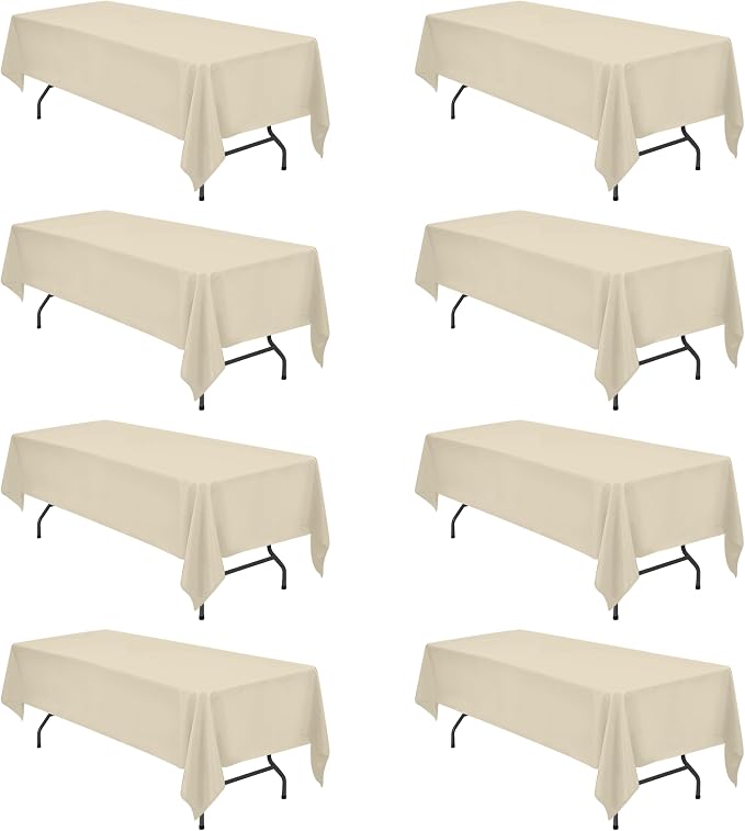 BRILLMAX 8 Pack Beige Tablecloths 60 x 126 Inch for 8ft Rectangle Tables - 150 GSM Polyester Fabric, 15" Standard Drop, Water, Stain & Wrinkle Resistant Cloth Cover for Wedding Banquet Dining Buffet