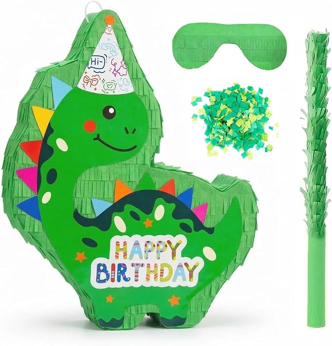 Dinosaur Piñata - Green Dinosaur Piñata with Stick, Blindfold and Confetti for Animal Themed Birthday Party Game Supplies Decorations (16”x12”x3”)