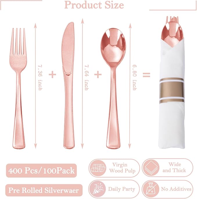 Supernal 100pack Rose Gold Plastic Silverware with Napkins, Prewrapped & Rolled Rose Gold Disposable Utensils, Elegant Pink Gold Cutlery Rolls for Wedding, Baby Shower & Party