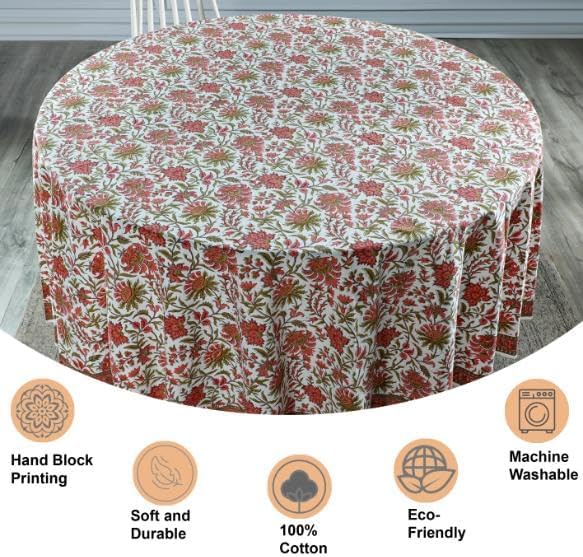 Ridhi Round Tablecloth Hand Block Print 100% Cotton Reusable New York Pink 132 Inch Table Cover Decorative Everyday Use for Dining, Home, Party, Wedding, Farmhouse, Party Gift for Spring, Mother's Day
