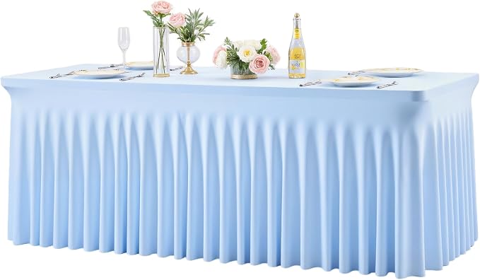 Baby Blue Spandex Tablecloths for Rectangle Tables 6 Foot Light Blue Stretch Table Cloth Rectangle 6ft Elastic Fitted Table Cover with Skirt for Wedding Baby Shower Boy Birthday Party Banquet Buffet