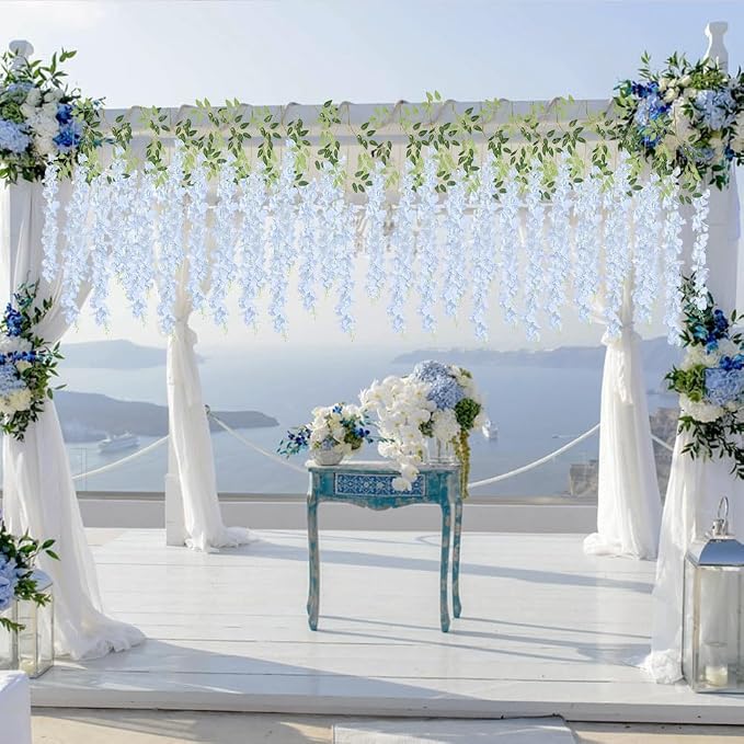 12Pack Wisteria Hanging Flowers Vines 3.6ft Baby Blue Artificial Flowers Fake Wisteria Bushy Garland Silk Flowers Hanging Rattan String for Garden Home Wall Wedding Party Decor (Baby Blue)