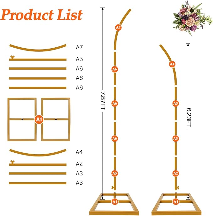 YIJXPOIN Flower Arch Stand Kit for Wedding, 8FT & 6.2FT Metal Half Gold Wedding Flower Balloon Arch Backdrop Stand for Proposal Anniversary Bridal Shower Background Stand Party Decorations