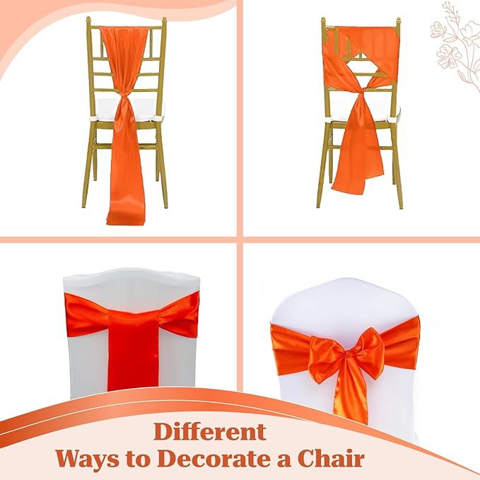 MDS Satin Chair Sashes, 10 Pack, 7”x108” Each, Decorative Chair Bows Ribbon Tie Backs for Wedding Party, Holiday Dinner, Birthday, Reception, Banquet, Hotel & Event Decoration - Orange