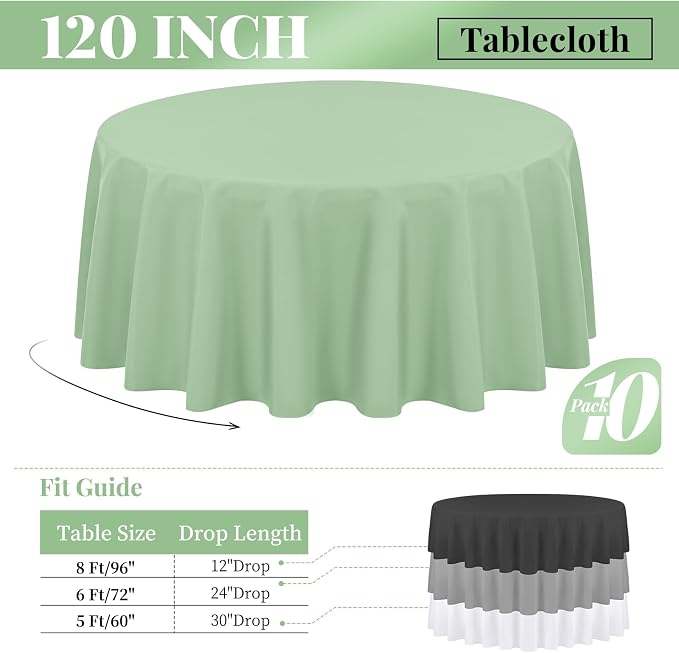 Fani 10 Pack 120 Inch Round Sage Green Polyester Tablecloths for Round Table, Stain and Wrinkle Resistant, Perfect for Wedding Party Dining Table Buffet Banquet Restaurant and Camping