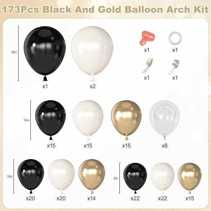 Amandir 173Pcs Black Pearl White Gold Balloons Arch Garland Kit, Pearl White Black Chrome Gold Clear Balloons for Graduation Retirement Wedding Coquette Birthday Bachelorette Party Decorations