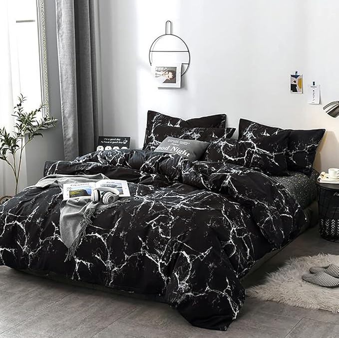 KAREVER Black Marble Comforter Set Cal King Black Bedding Set Women Soft Lightweight Comforter Men Durable Breathable Bed Comforter Set Cal King