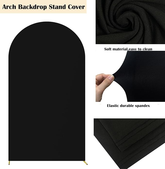 HAINARverS 7.2FT Black Arch Backdrop Cover Spandex with Glitter Gold Happy Birthday Sign for Wedding Birthday Party Ceremony Banquet Decoration(Black)