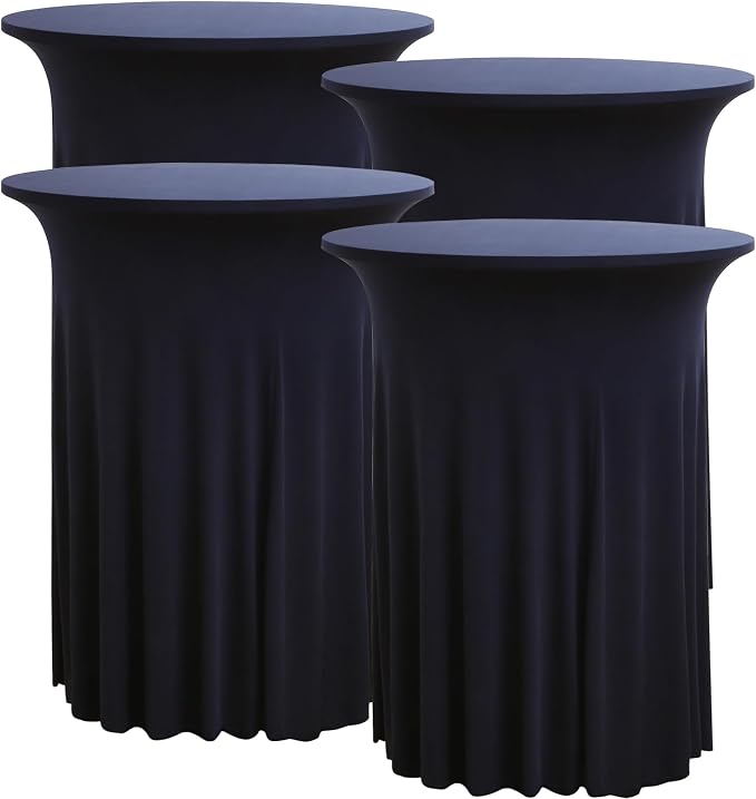 4 pk Navy Blue Cocktail Table Cloth Round 32×43in-High Top Highboy Bar Cocktail Tablecloths-Wrinkle Free Stretchy Fitted Spandex Table Covers with Ruffle Desk Skirt for Wedding Banquet Party Tables