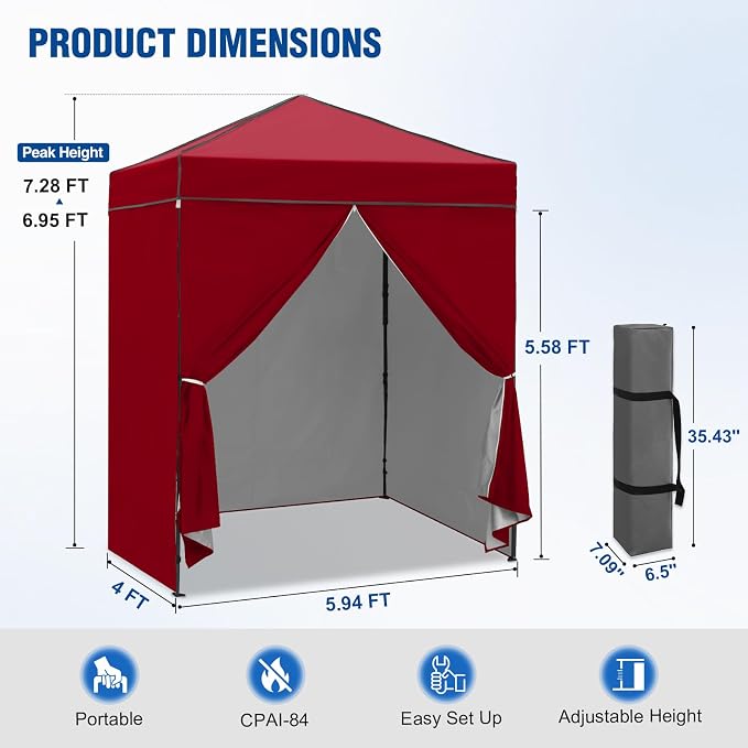 6x4 Pop Up Canopy Tent with Four Wall Panels, Instant Portable Beach Canopy, Outdoor Tent with Carry Bag for Camping, Sports, Tailgating, Events, Burgundy