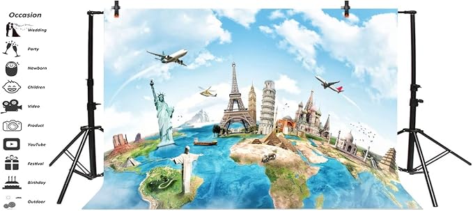 Yeele 15x10ft Globe Travel Backdrop Earth Map Worldwide Continent Famous Landmark Scenery Home Photography Background Infant Baby Adult Portrait Photo Booth Vinyl Wallpaper Photocall Studio Props