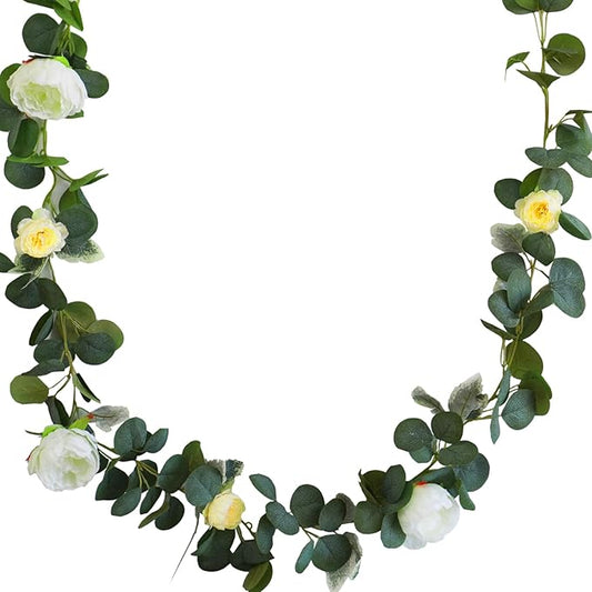 2Pcs Yellow Artificial Peony Flower Garland-13.12Ft Silk Faux Peonies Vine with Eucalyptus Leaves,Greenery Decorative Hanging Fake Flowers for Living Room Home Wedding Wall Arch Decor